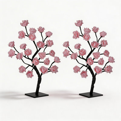 2-Pack 18" Lighted Artificial Rose Trees with 48 LEDs, Pink USB Tabletop Rose Tree Lights for Home and Party Decor