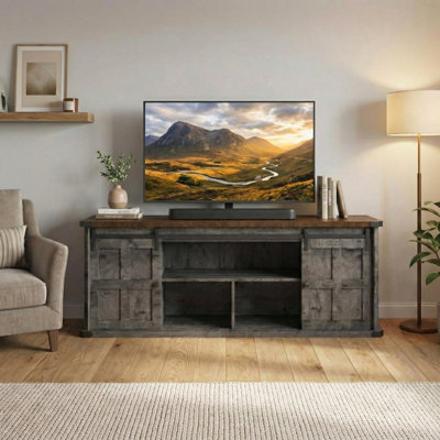Farmhouse TV Stand for 75 Inch TVs, Entertainment Centre and Media Furniture with Sliding Barn Doors & Storage Cabinets, Mid Century Modern TV Console Table for Living Room Bedroom