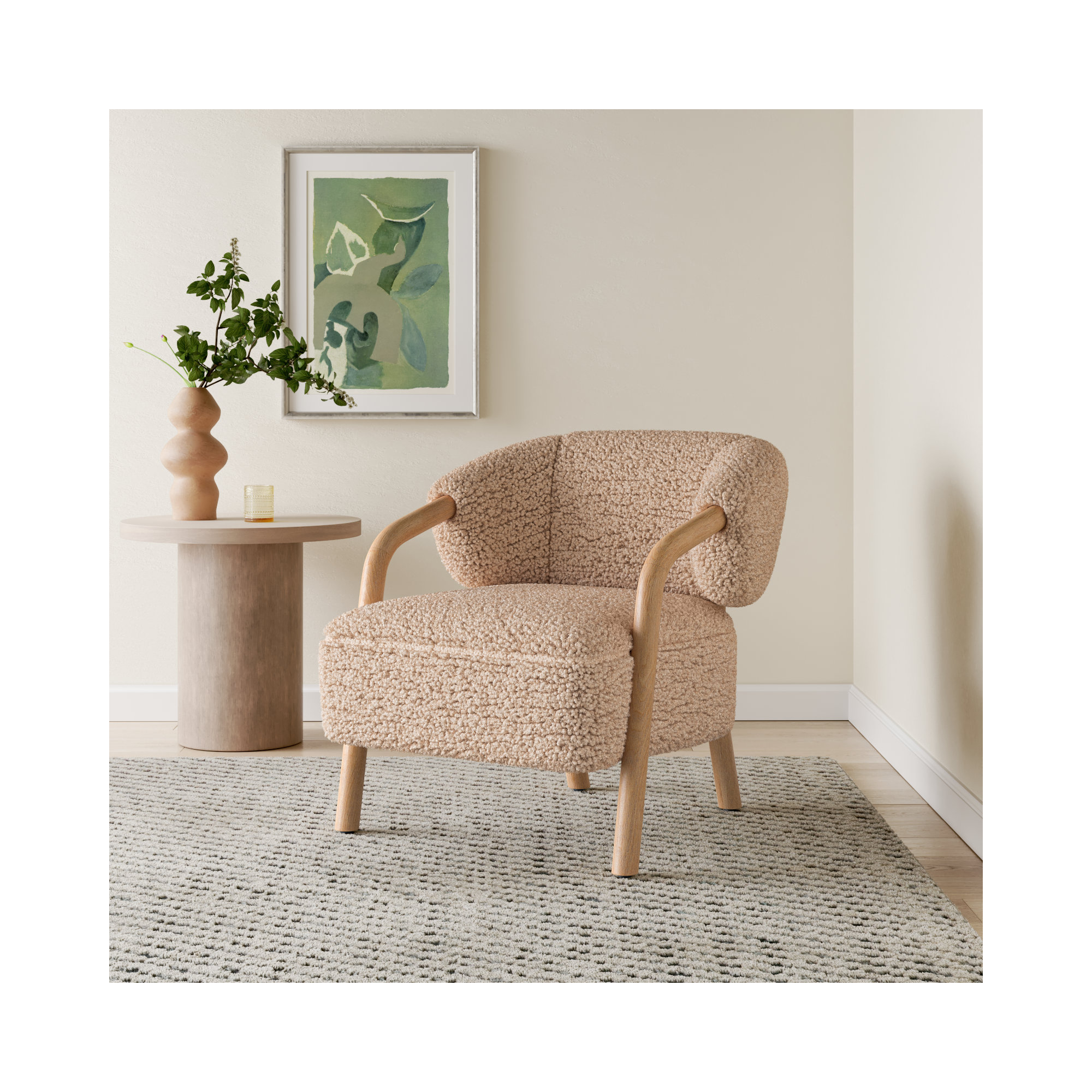 Citrine Shearling Upholstered Armchair, Andes Toast Faux Shearling, Almond Oak