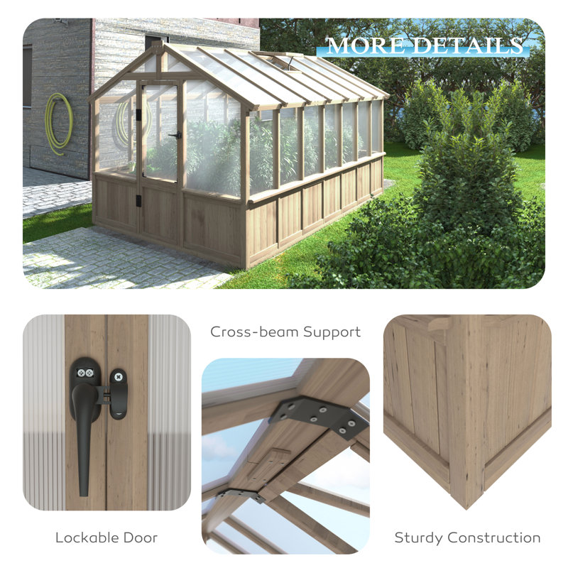 Ourdoor Wooden Polycarbonate Greenhouse 8x14Ft, 90.6" H x 96" W x 166.8" D