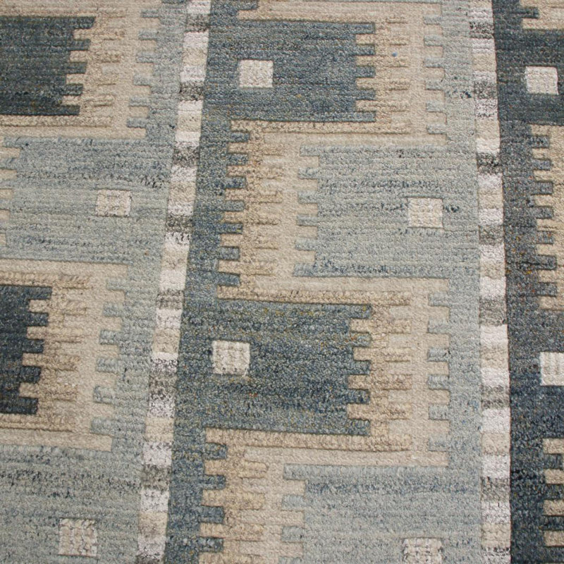 Rug & Kilim’S Scandinavian-Inspired Geometric Blue And Beige Wool Pile Rug, Rectangle 10' x 14'