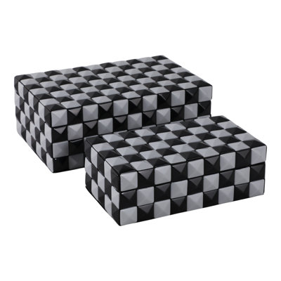 Latiara Storage Boxes Resin Wood Fabric Pyramid-Textured Checkerboard Design Modern Home Office Bedroom Living Room Set Of 2 - 5", 4" Black  White