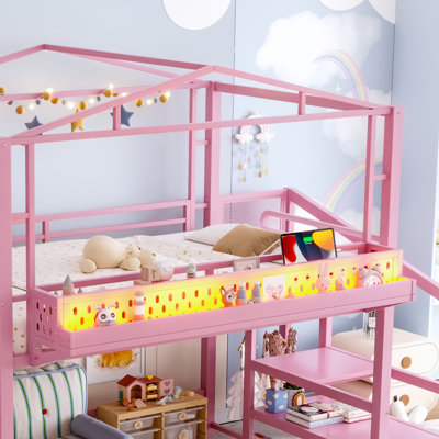 Lit mezzanine double avec escalier de rangement, tablettes et garde-robe intégrée, structure de lit mezzanine en métal avec ports USB et lumières DEL, conception à bruit réduit