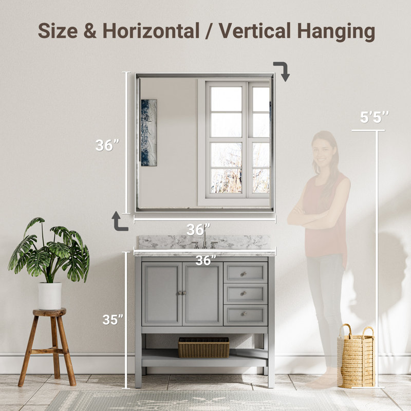 36" Silver Beveled Square Bathroom Vanity Mirror