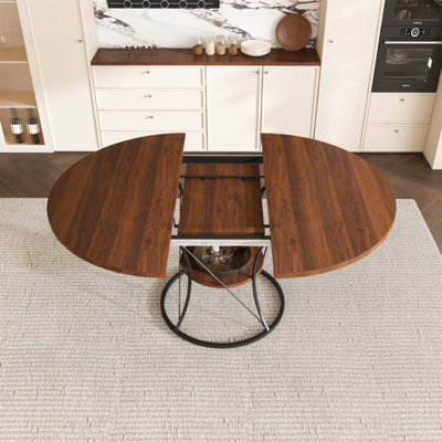 Table de salle à manger extensible de 43 à 59 pouces avec tablette de rangement, base en métal et placage de noyer pour 4 à 6 personnes (table seulement, chaises non incluses)