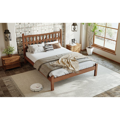 Lit robuste avec plateforme en bambou, tête de lit moderne en forme de diamant, pour chambre à coucher