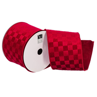 Vickerman 4"x10yd Velvet Checkered Satin Back Ribbon. Crafted from polyester, measuring 4 inches in width and 10 yards in length, it's perfect for a variety of festive projects.
