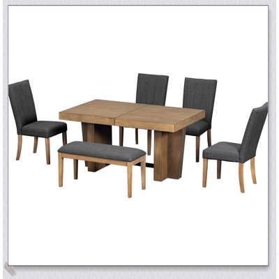 Farmhouse Extendable Wood Dining Table Set with Bench and Upholstered Chairs, 3.8 Inch Thick Tabletop for Versatile Seating