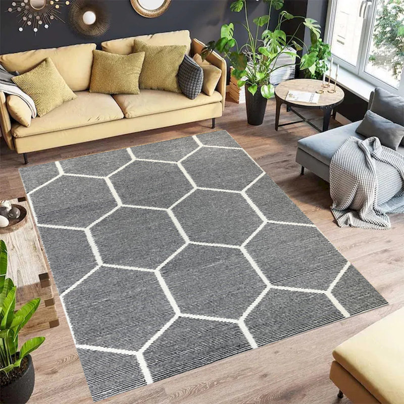 Tapis noir et blanc à motif géométrique en laine Joris, Rectangulaire 10 pi x 8 pi