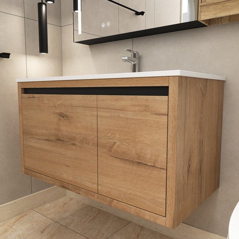 Sahana 35.6 " W Wall Mounted Wall Mounted Single Double Single Vanity Bathroom Vanity With Acrylic Top, Imitative Oak