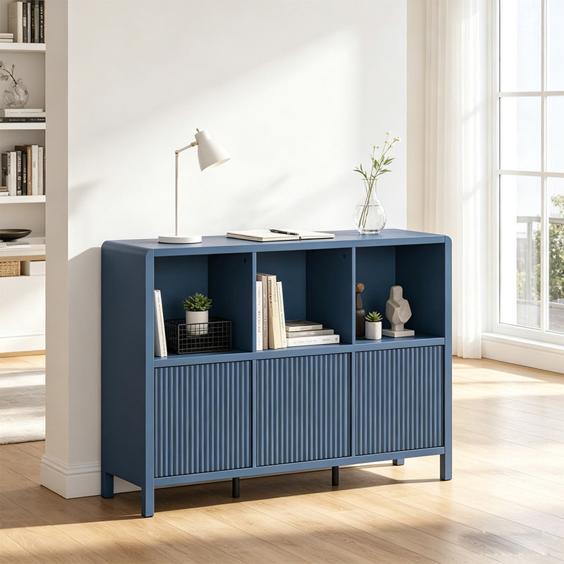 Bibliothèque horizontale à 6 cubes et 6 portes, bibliothèque moderne en bois pour le bureau à domicile, bleu