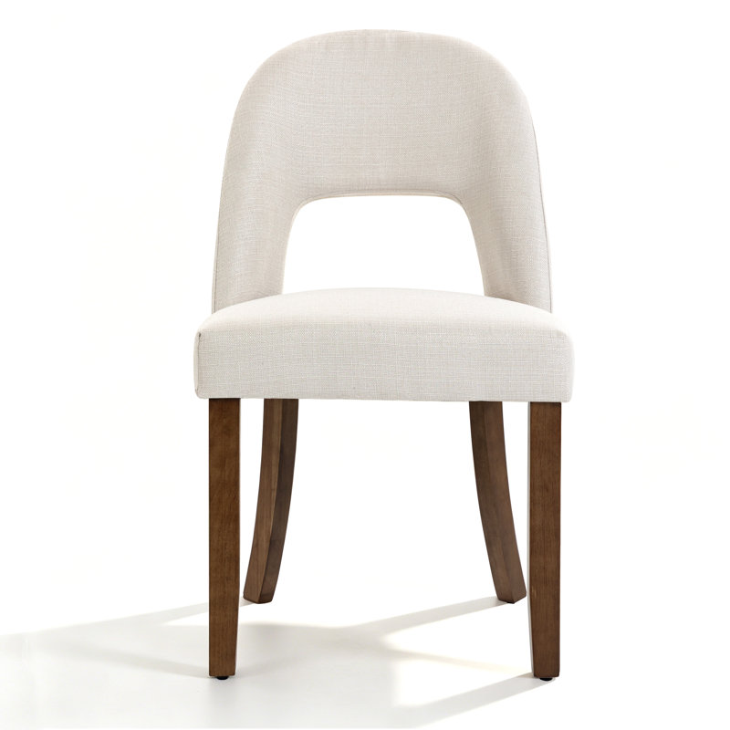 Linen Upholstered Dining Chairs With Curved High Back And Solid Wood Legs, Beige/Wood, 6