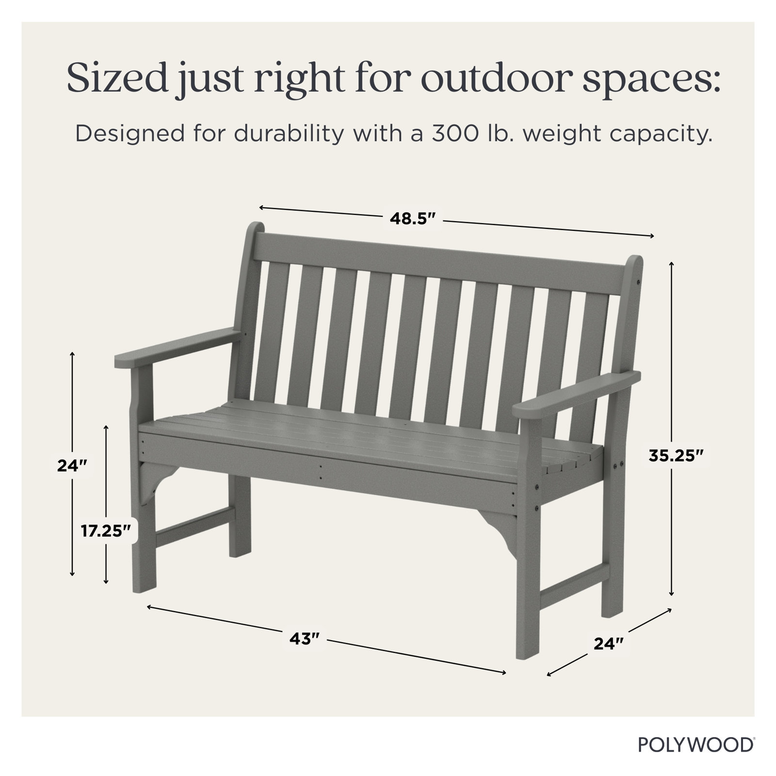 POLYWOOD Vineyard Patio Bench, 35.25" H x 48" W x 24" D, Slate Gray