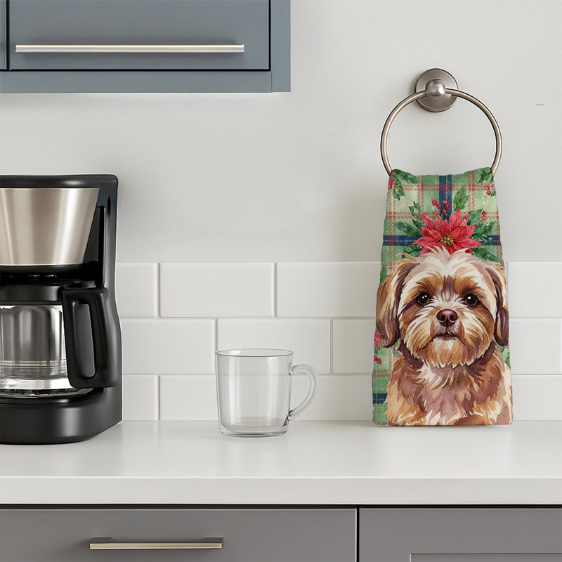 Liver Shih Tzu Christmas PoinsettIas Kitchen Towel, Liver Shih Tzu