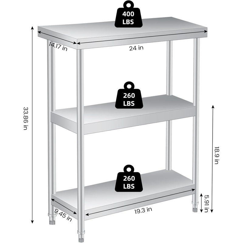 Hobbylane Stainless Steel L x W x 86 cm H Adjustable Work Table, 86" H x 61" W x 36" D