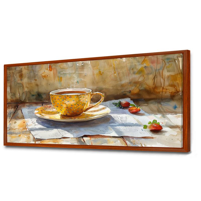 «White Beige Cozy Cup Of Coffee II», impression d'art mural café, H 28 po x l 60 po, Cadre flottant brun