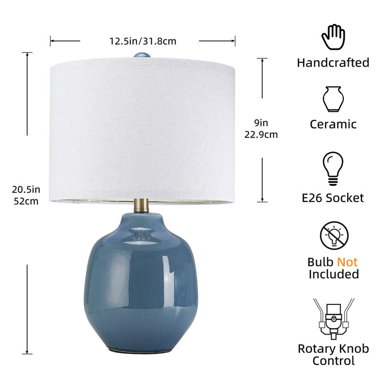 21 Inch Handcrafted Ceramic Table Lamp, Crackle Blue Nightstand Lighting for Bedroom Bedside Living Room Kitchen Counter