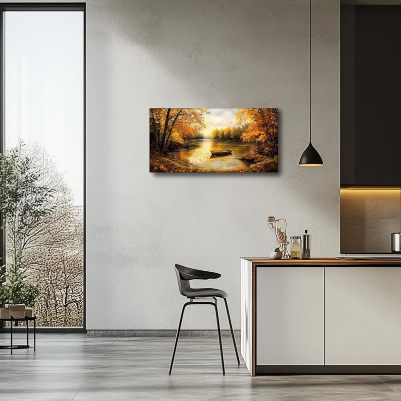 Paysage d'automne, grande toile murale, salon, bateau sur le lac, impressions d'art, paysage d'automne, images de décor naturel, peintures or rustiques, chambre à coucher, décoration de bureau, 20 po x 40 po
