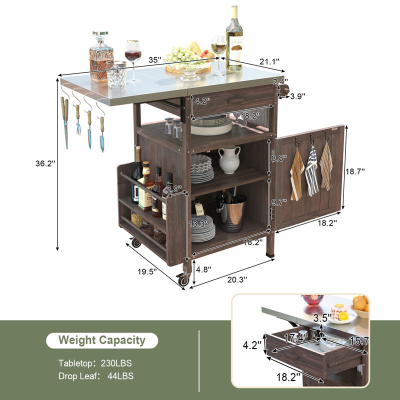 Chariot de barbecue extérieur en bois massif 40,5 po avec plateau en acier inoxydable, abattant et roulettes verrouillables, brun