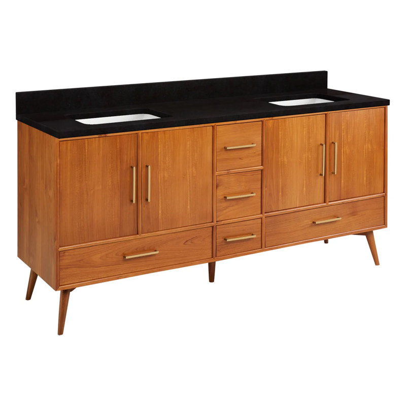 72" Novak Double Bathroom Vanity Set with Rectangular Undermount Sinks, Natural Teak, Arctic White Quartz, No Faucet Hole