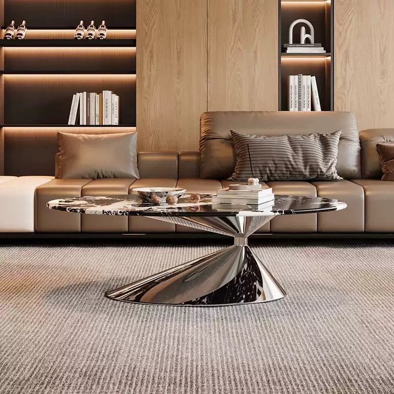 Grous 51” Marble Oval Shape  Modern Coffee Table For Living Room, Silver