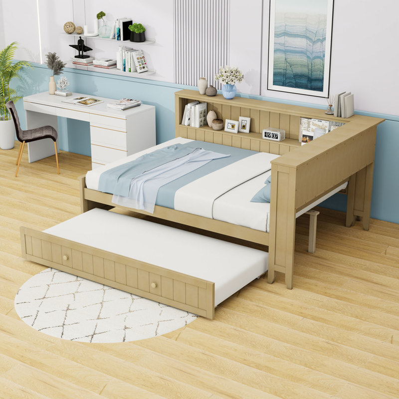 Lit de jour double en bois avec tablettes de rangement et lit gigogne simple