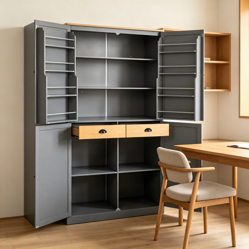 Grande armoire de cuisine autoportante grise, 40,2 x 20 x 71,3 pouces, 8 portes, 2 tiroirs, avec deux tablettes réglables.