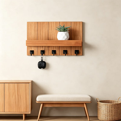 Porte-clés mural décoratif avec étagère, organisateur d'entrée de style ferme, porte-clés et porte-courrier en bois avec cinq crochets robustes pour clés, manteaux et laisses
