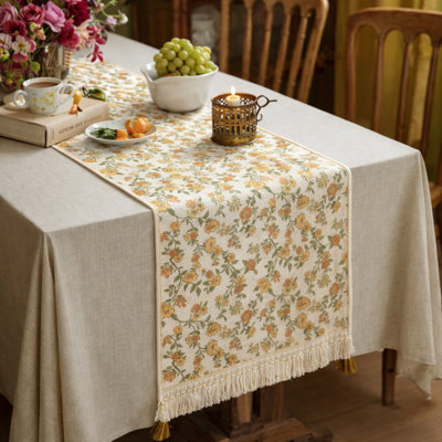 Yellow Floral Printed Table Runner With Fringe 14" X 72"
