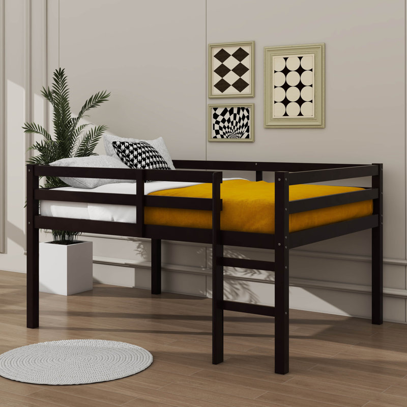 Full-Sized Bed Frame, Short Rubberwood  Loft Bed With Steps, Espresso