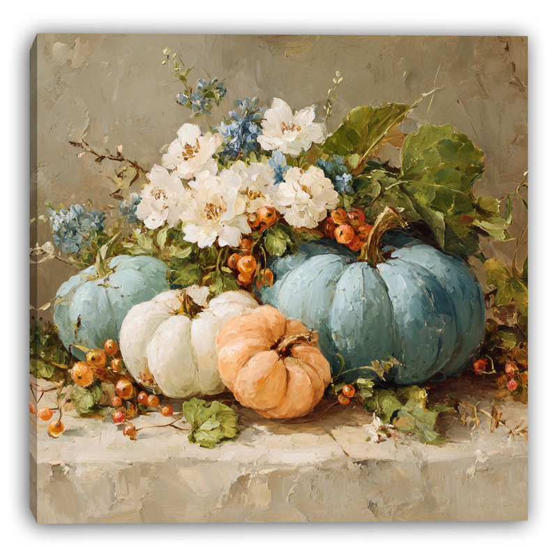 «Pastel Pumpkins and Blossoms», art mural sur toile tendue, H 20 po x l 20 po