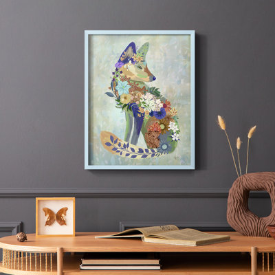 Fantastic Florals Fox, assis, reproduction encadrée - bois massif