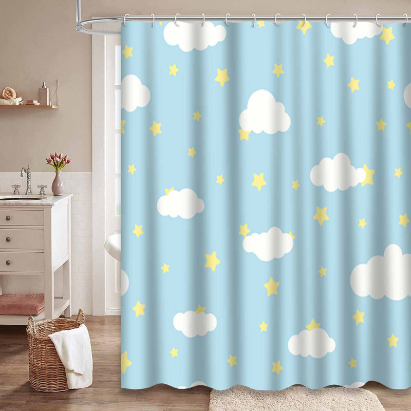 Caricature de rideau de douche à nuages blancs et bleus avec 12 crochets, L 72 po x l 84 po