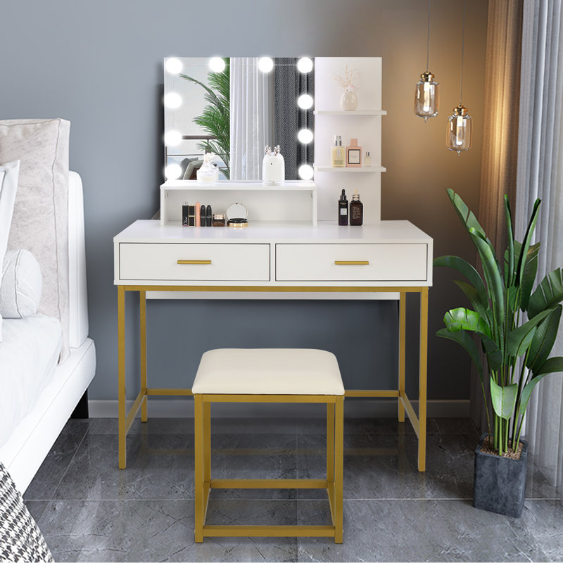 Ensemble de meuble-lavabo large 39,37 po avec tabouret et miroir Ronalie, Blanc