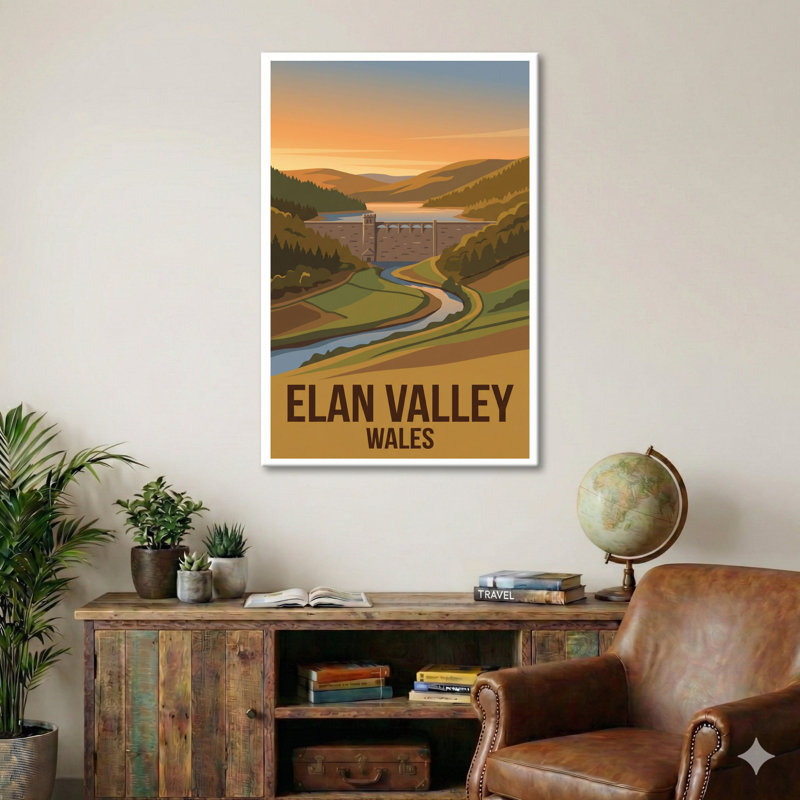 Elan Valley, Wales - Romantic Reservoirs And Rolling Hills Travel Poster. Giclee Print On Wrapped Canvas. Wall Art, Home Decor - Regions & Scenic Areas, Wales - Wrapped Canvas Print
