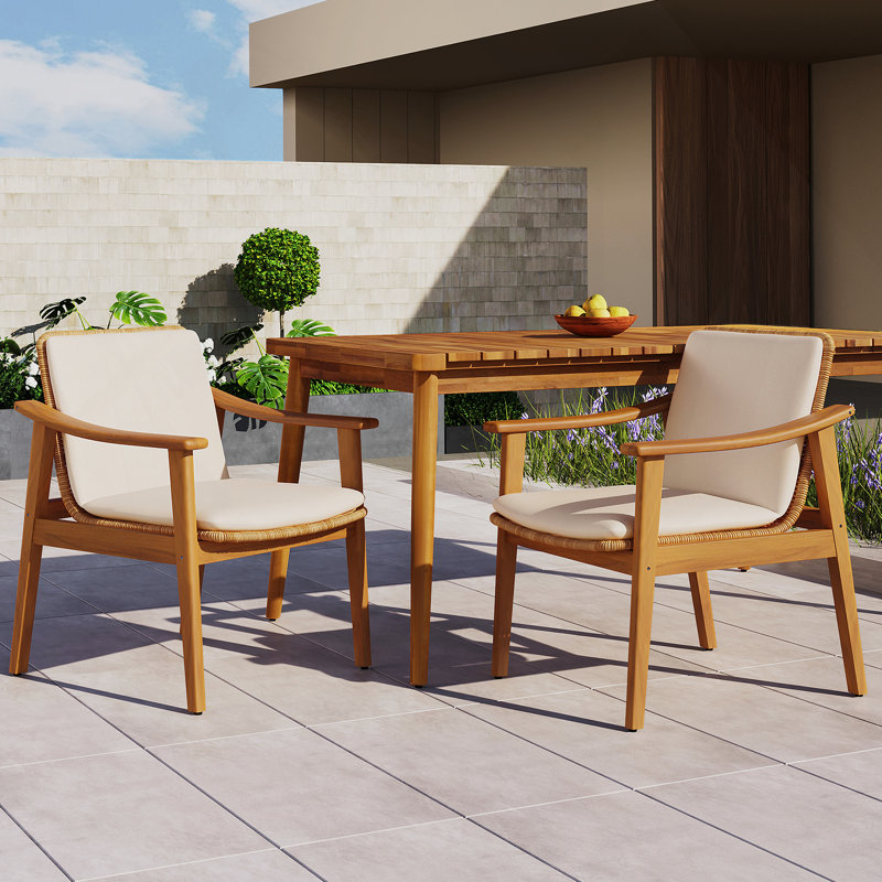 Ensemble de 2 chaises de salle à manger d'extérieur, structure en bois d'acacia couleur teck, osier PE brun, coussin imperméable beige, idéal pour les patios et les jardins