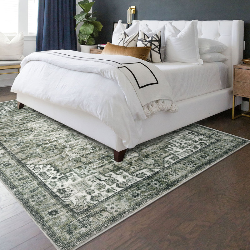 Washable Oriental  Area Rugs Non slip Green Rugs, Rectangle 5' x 7'