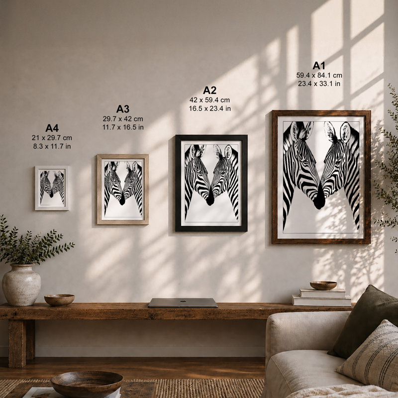 Face To Face Zebras Minimalist - Print, A4 - 29.7 x 21.0 cm, Walnut