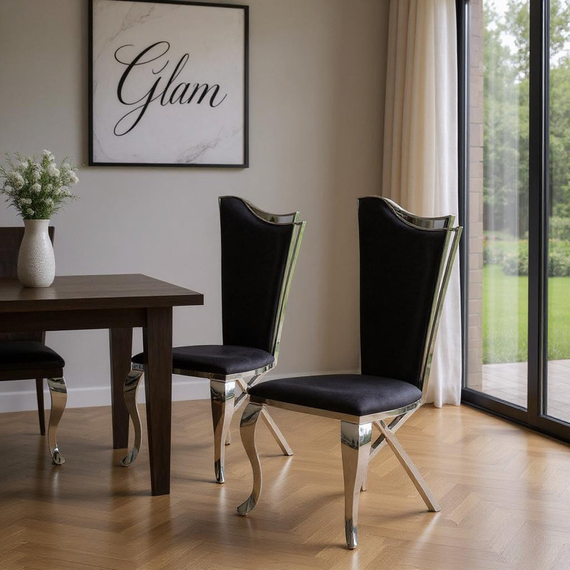 Ensemble de deux chaises d'appoint de salle à manger rembourrées en tissu noir et argent