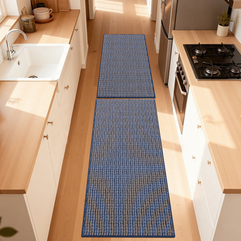 Machine Washable Non-Slip Kitchen Mat, Blue, Rectangle 5' x 1'8"