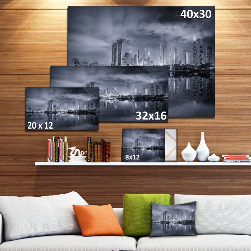 Noir et blanc singapour horizon, reproduction de photo sur toile tendue, H 20 po x l 20 po x P 1 po