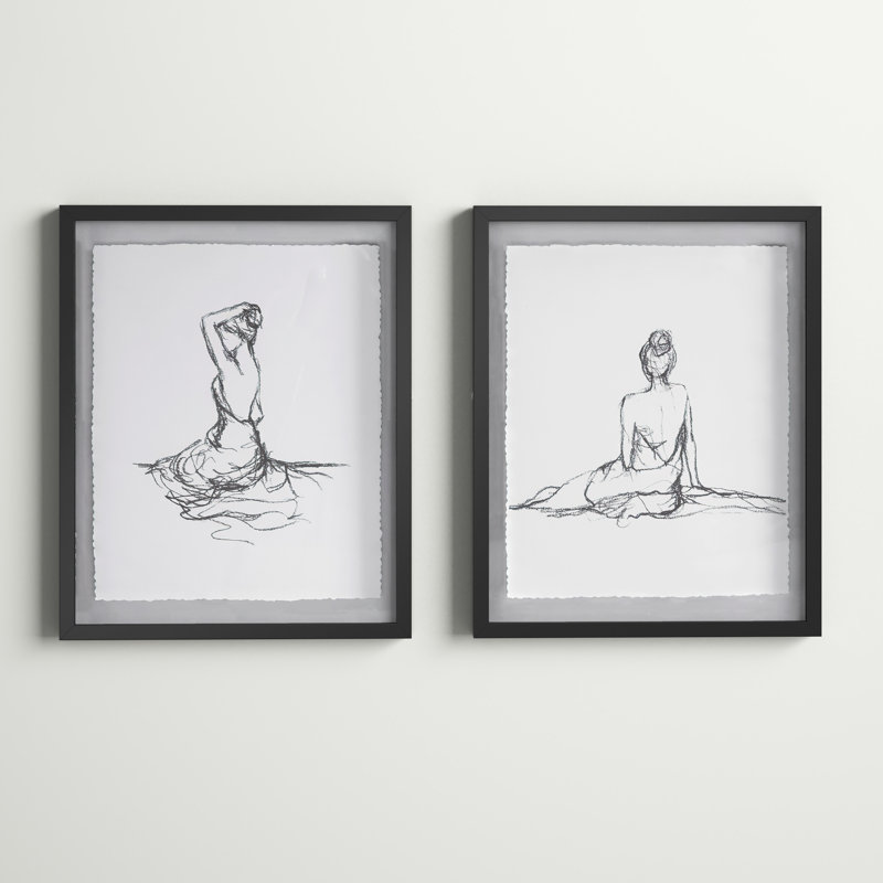 Framed Original Single Line Contour Drawing on Handmade Deckle Edge Paper Framed Original Single Line Contour Drawing on Handmade Deckle Edge Paper
