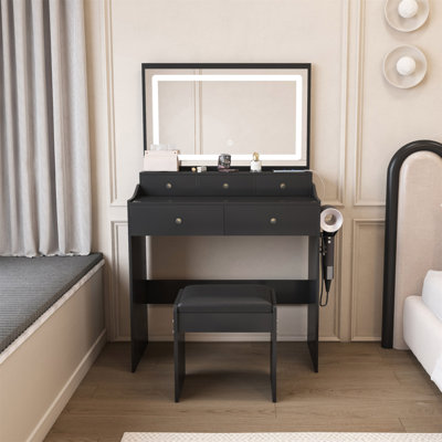 New Large Mirror Vanity Desk For Bed Room  , Modern Makeup Vanity Set With Power Outlet And Hair Dryer Holder, 5 Drawers , 3 Lighting Color Adjustable Dressing Table For Bedroom, Black Color