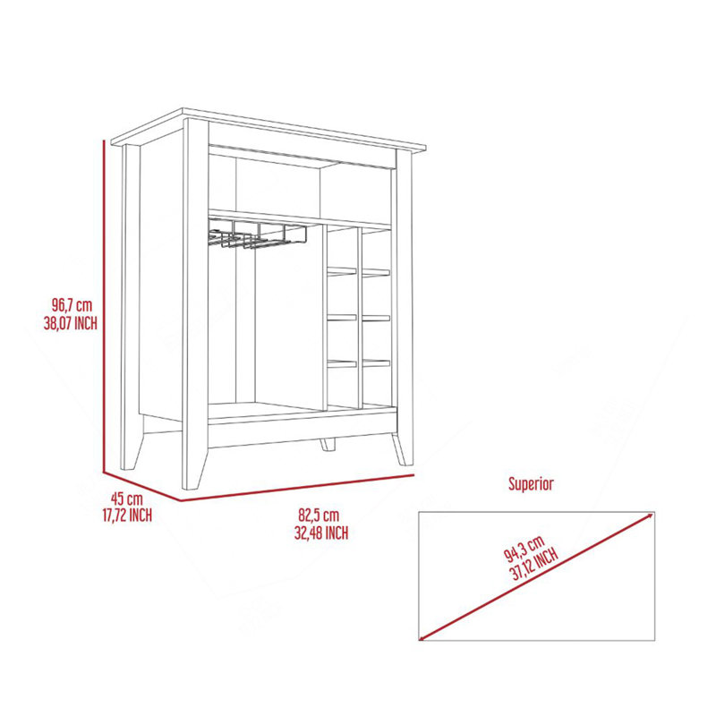 Armoire de bar Essential, une tablette ouverte, six supports à vin intégrés, un tiroir - espresso, Brun