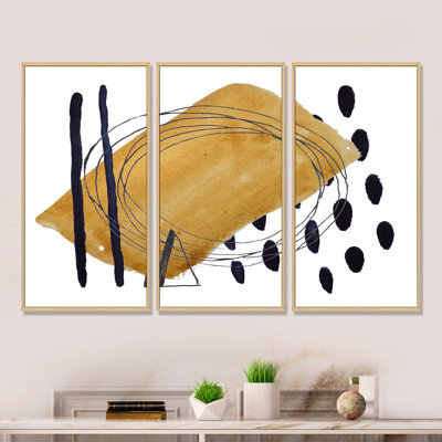 Abstrait géométrique en brun avec pois noirs - ensemble d'art moderne sur toile encadrée moderne de 3