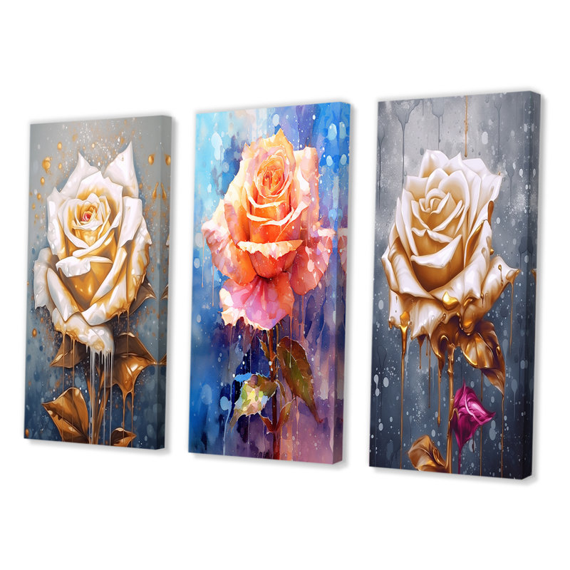 «Cream Gold Rose Reverie», 3 pièces sur toile, Toile tendue, H 28 po x l 36 po