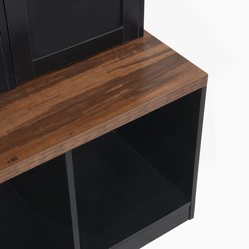 Versatile Hall Tree With 4 Hanging Hooks, Brown Wood Grain Bench With Multiple Storage Space, Entryway Cabinet With Open Compartments