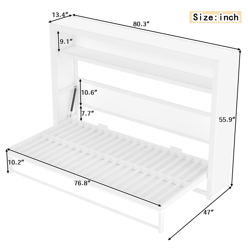 Lit escamotable simple avec tablettes - lit mural pliable en métal, lit pour enfant et adolescent peu encombrant, blanc