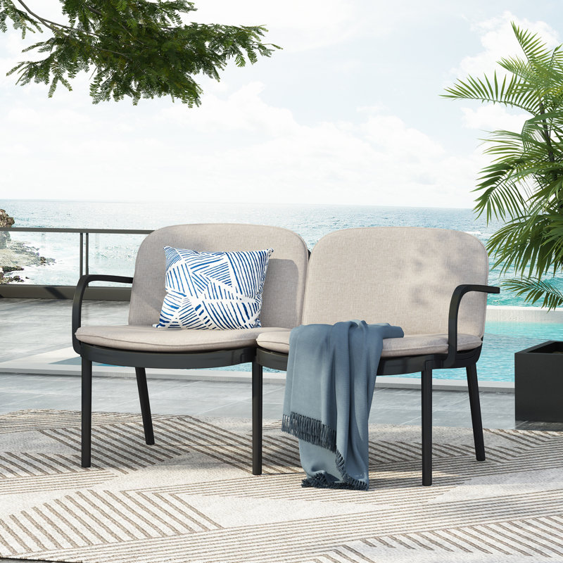 Outdoor Patio PP Loveseat, Black Frame With Beige Cushion, Beige Cushion/Black Frame
