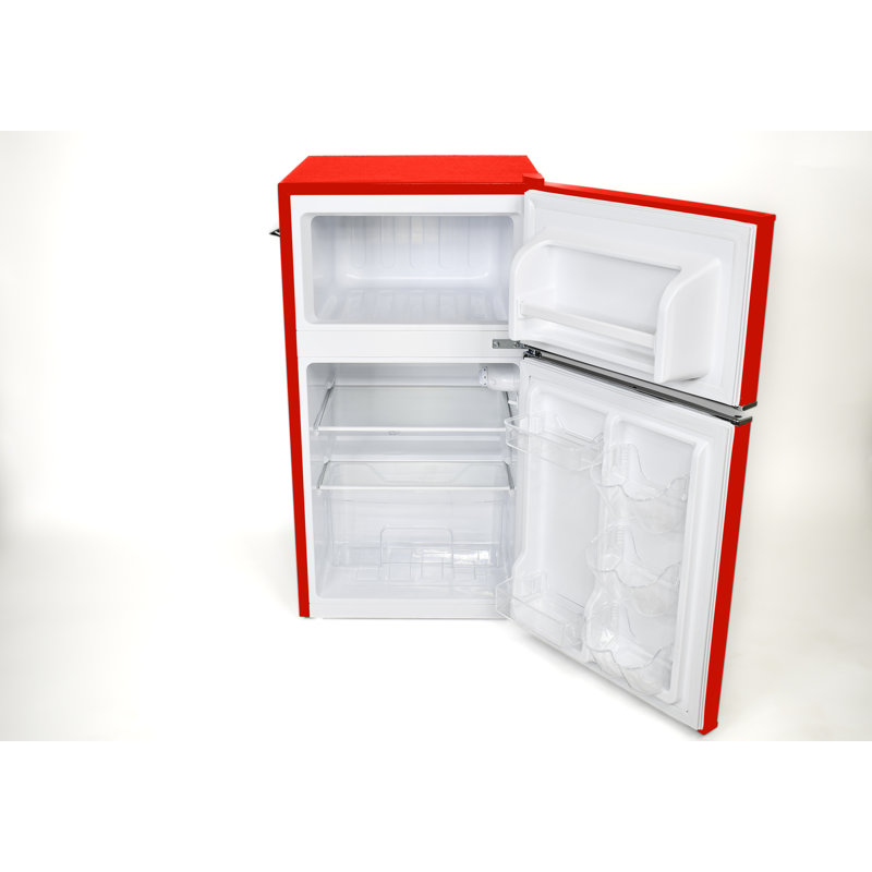 FRIGIDAIRE Retro 2-Door Compact Fridge Freezer Combo, 3.1 Cu. Ft., Stainless Steel, Built-in Bottle Opener, Red